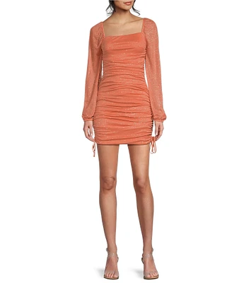 Jump Glitter Square Neck Ruched Long Sleeves With Ties At Hemline Dress