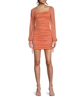 Jump Glitter Square Neck Ruched Long Sleeves With Ties At Hemline Dress