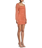 Jump Glitter Square Neck Ruched Long Sleeves With Ties At Hemline Dress