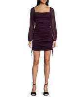 Jump Glitter Square Neck Ruched Long Sleeves With Ties At Hemline Dress