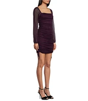 Jump Glitter Square Neck Ruched Long Sleeves With Ties At Hemline Dress