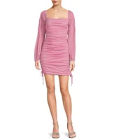 Jump Glitter Square Neck Ruched Long Sleeves With Ties At Hemline Dress