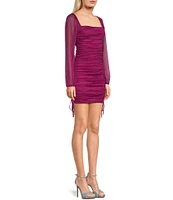 Jump Glitter Square Neck Ruched Long Sleeves With Ties At Hemline Dress