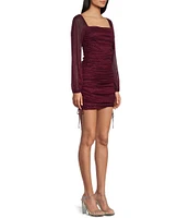 Jump Glitter Square Neck Ruched Long Sleeves With Ties At Hemline Dress