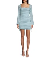 Jump Glitter Square Neck Ruched Long Sleeves With Ties At Hemline Dress