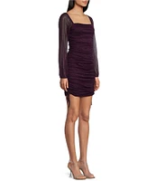 Jump Glitter Square Neck Ruched Long Sleeves With Ties At Hemline Dress