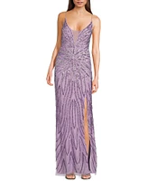 Jump Illusion Beaded Detail V-Neck Spaghetti Strap Side Slit Gown