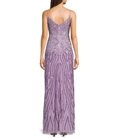 Jump Illusion Beaded Detail V-Neck Spaghetti Strap Side Slit Gown