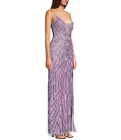 Jump Illusion Beaded Detail V-Neck Spaghetti Strap Side Slit Gown