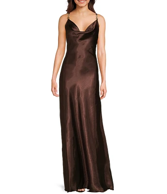 Jump Rhinestone Trim Drape Neck Long Dress