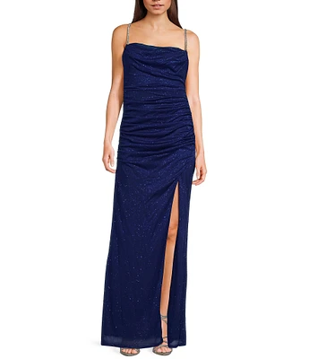 Jump Sleeveless Glitter Spaghetti Rhinestone Strap Drape Bodice Gown