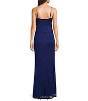Jump Sleeveless Glitter Spaghetti Rhinestone Strap Drape Bodice Gown