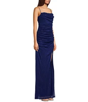 Jump Sleeveless Glitter Spaghetti Rhinestone Strap Drape Bodice Gown
