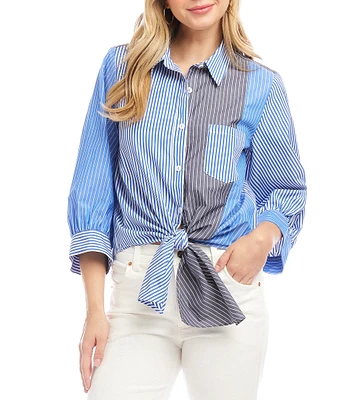 Karen Kane 3/4 Blouson Sleeve Mixed Stripe Tie-Front Top