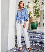 Karen Kane 3/4 Blouson Sleeve Mixed Stripe Tie-Front Top