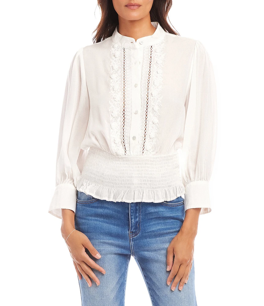 Karen Kane Banded Collar 3/4 Sleeve Embroidered Smocked Blouse