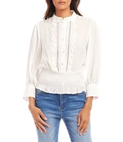 Karen Kane Banded Collar 3/4 Sleeve Embroidered Smocked Blouse