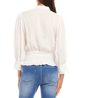 Karen Kane Banded Collar 3/4 Sleeve Embroidered Smocked Blouse