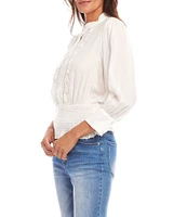 Karen Kane Banded Collar 3/4 Sleeve Embroidered Smocked Blouse