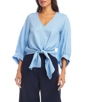 Karen Kane Blouson Sleeve Linen Tie-Front Top