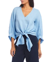 Karen Kane Blouson Sleeve Linen Tie-Front Top