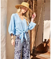 Karen Kane Blouson Sleeve Linen Tie-Front Top