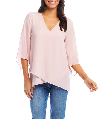 Karen Kane Bracelet Sleeve Asymmetrical V-Neck 3/4 Sleeve Top