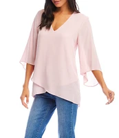 Karen Kane Bracelet Sleeve Asymmetrical V-Neck 3/4 Sleeve Top