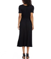 Karen Kane Cinched Waist Round Neck Short Sleeve Pocketed Artisan Midi Dress