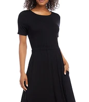 Karen Kane Cinched Waist Round Neck Short Sleeve Pocketed Artisan Midi Dress