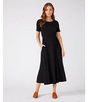 Karen Kane Cinched Waist Round Neck Short Sleeve Pocketed Artisan Midi Dress