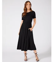 Karen Kane Cinched Waist Round Neck Short Sleeve Pocketed Artisan Midi Dress