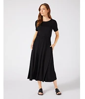 Karen Kane Cinched Waist Round Neck Short Sleeve Pocketed Artisan Midi Dress