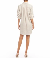 Karen Kane Collared V-Neck 3/4 Roll-Tab Sleeve Linen Shirtdress