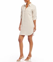 Karen Kane Collared V-Neck 3/4 Roll-Tab Sleeve Linen Shirtdress