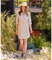 Karen Kane Collared V-Neck 3/4 Roll-Tab Sleeve Linen Shirtdress