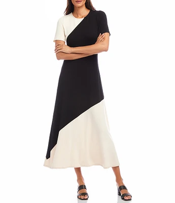 Karen Kane Colorblock Round Neck Short Sleeve A-Line Midi Dress