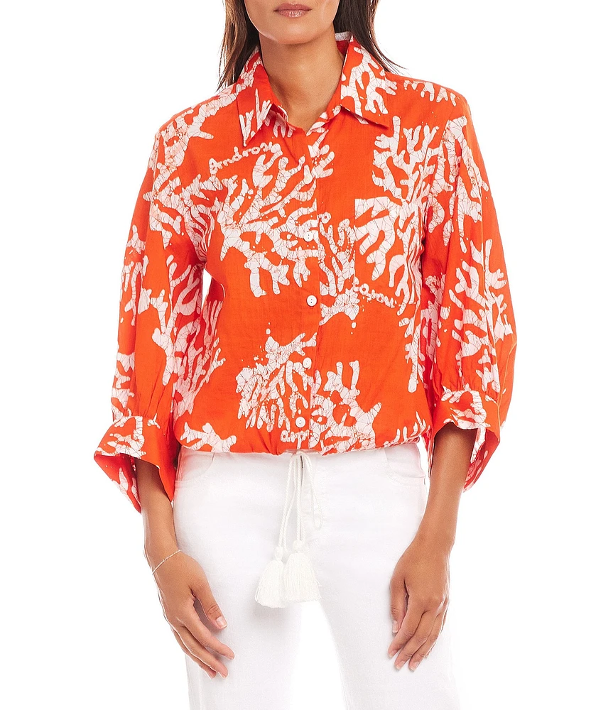 Karen Kane Coral Reef Print Spread Collar 3/4 Blouson Sleeve Tassel-Tie-Waist Button-Front Top