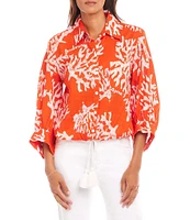 Karen Kane Coral Reef Print Spread Collar 3/4 Blouson Sleeve Tassel-Tie-Waist Button-Front Top