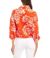 Karen Kane Coral Reef Print Spread Collar 3/4 Blouson Sleeve Tassel-Tie-Waist Button-Front Top