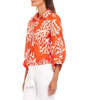 Karen Kane Coral Reef Print Spread Collar 3/4 Blouson Sleeve Tassel-Tie-Waist Button-Front Top