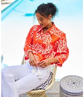 Karen Kane Coral Reef Print Spread Collar 3/4 Blouson Sleeve Tassel-Tie-Waist Button-Front Top