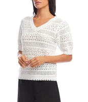 Karen Kane Cotton Crochet V-Neck Puff Sleeve Unlined Top