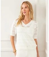 Karen Kane Cotton Crochet V-Neck Puff Sleeve Unlined Top