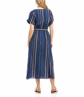 Karen Kane Cotton Embroidered Cuffed Sleeve Faux Wrap Midi Dress