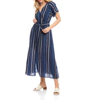 Karen Kane Cotton Embroidered Cuffed Sleeve Faux Wrap Midi Dress