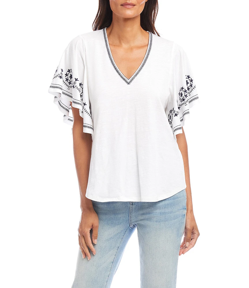 Karen Kane Organic Cotton Embroidered Flutter Sleeve Top