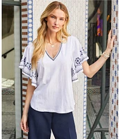 Karen Kane Organic Cotton Embroidered Flutter Sleeve Top