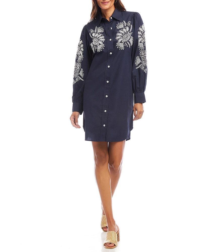 Karen Kane Cotton Poplin Embroidered Puff Sleeve Shirtdress