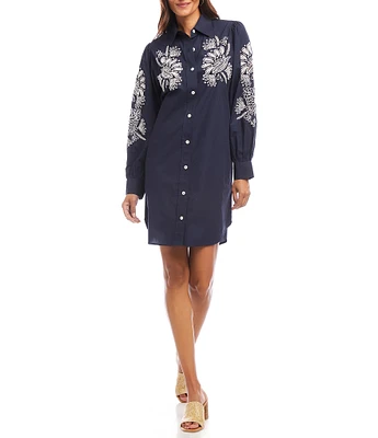 Karen Kane Cotton Poplin Embroidered Puff Sleeve Shirtdress